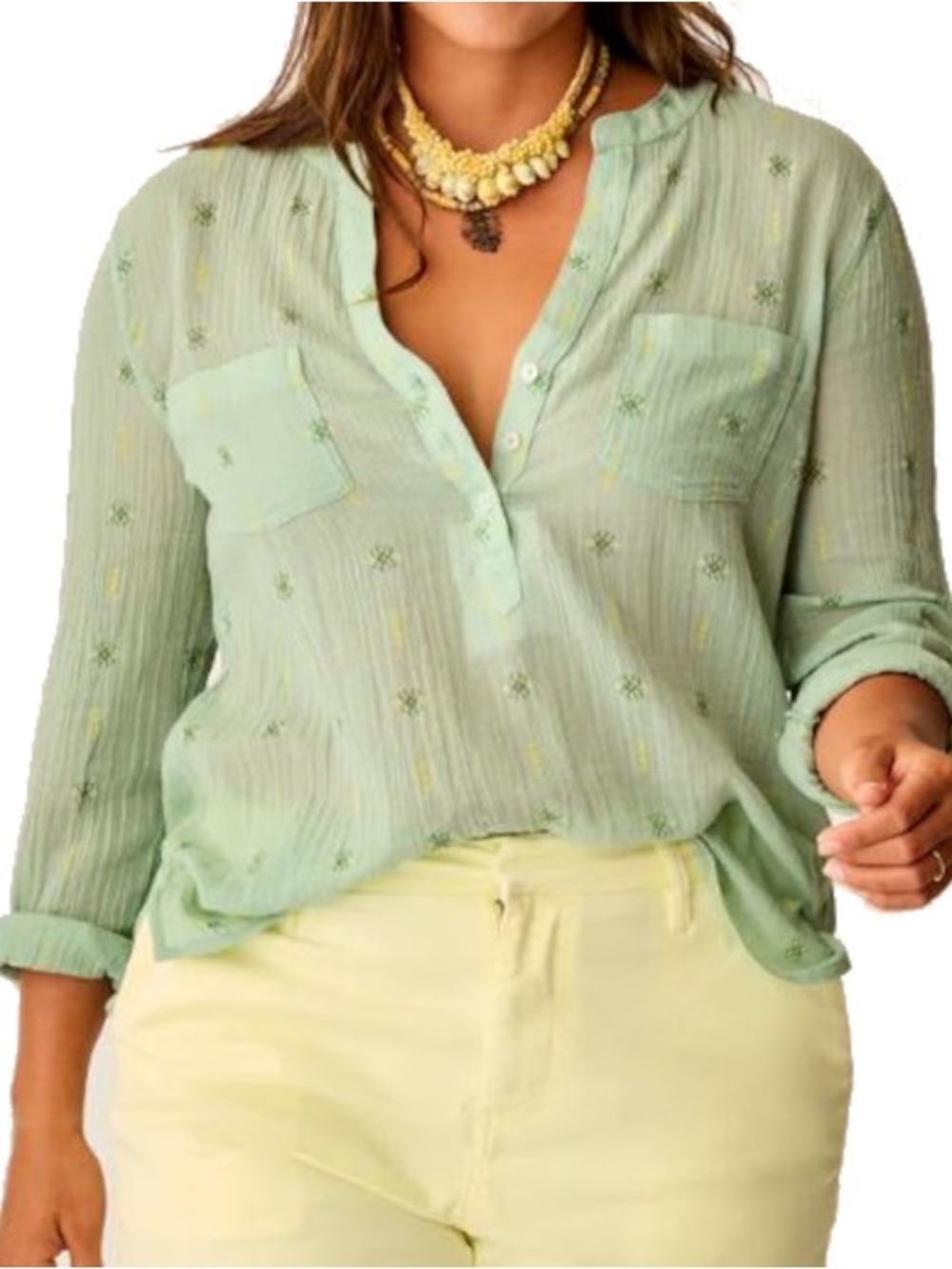 Carve Designs Women’s Small Light Green Dylan Gauze Shirt in Haze Print